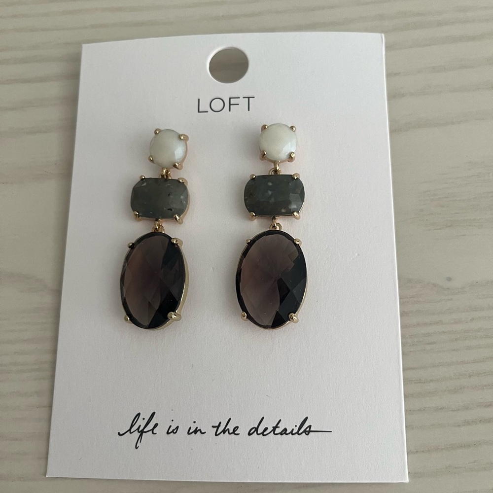 LOFT Gold-Tone Drop Earrings with White and Smoky Stones - Picture 3 of 4